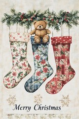 Watercolor style Christmas vertical banner greeting card with three vintage Christmas stockings socks and a teddy bear hanging on a white wooden wall, traditional designs