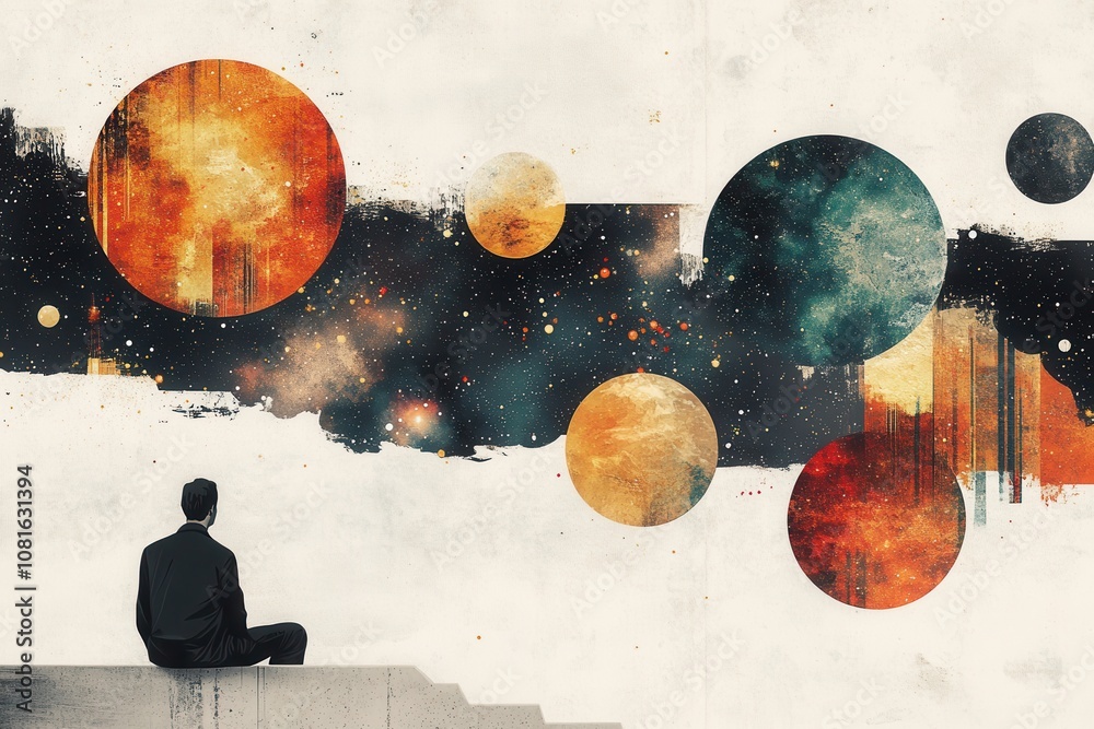Wall mural a man sits on a ledge looking out at a colorful sky with many planets
