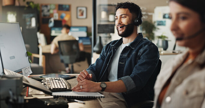 Headset, technical support and man in coworking office with help, online advice and website management. Virtual assistant, customer service and happy IT consultant at computer with smile at agency