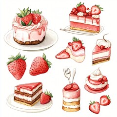 Watercolor Strawberry Cake Dessert Set Illustration