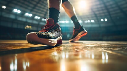 A basketball player's sneakers on the court, indoor setting under arena lights, Dynamic style