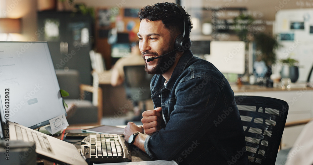 Aufkleber Headset, tech support and happy man in office with discussion, online help and website advice. Virtual assistant, customer service and IT consultant on call with computer, conversation or sales offer