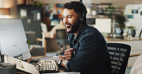 Headset, tech support and happy man in office with discussion, online help and website advice. Virtual assistant, customer service and IT consultant on call with computer, conversation or sales offer