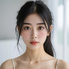 Naklejka premium arafed asian woman with long black hair and a white top
