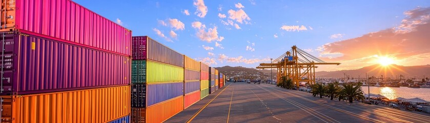 Industrial dock with containers arranged in colorful stacks, cargo flow, efficient layout, sunlight illuminating the scene, scenic backdrop of the harbor