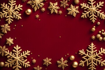 Red velvet background with golden snowflakes and ornaments scattered, Ai Generated