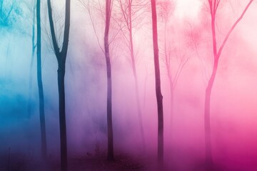 A mystical forest with tall trees and a vibrant pink and blue fog, creating an ethereal and mysterious atmosphere.