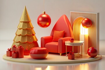 Christmas scene, miniature interior, geometric shapes, red and gold color scheme, cozy atmosphere, 3D rendering, soft lighting, minimal design, abstract Christmas tree, ornaments, curved sofa, gift bo