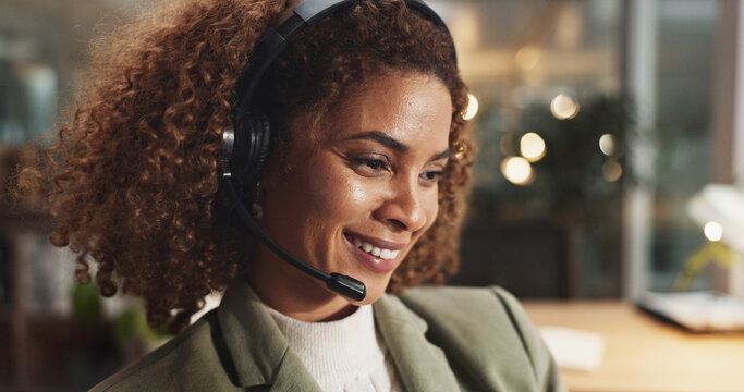 Happy woman, call center agent and profile for support, telemarketing or business. Help, insurance and African consultant on headset for customer service, contact us or listening at night on deadline