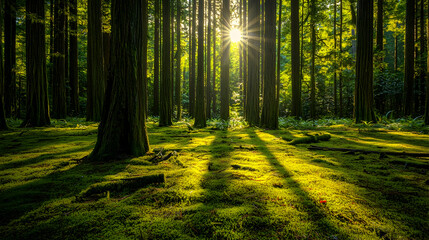 Fototapeta premium Sunbeams Through Tall Trees in a Lush Forest Photo