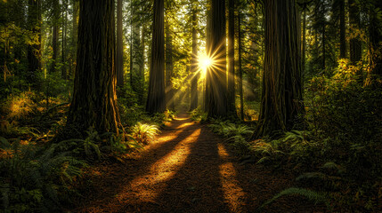 Fototapeta premium Golden Rays Through the Forest Illustration
