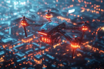 A futuristic drone flies over a city at night, with its red lights illuminating the urban landscape.