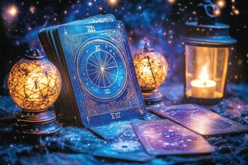 A deck of tarot cards is laid out on a table next to a candle