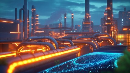 A futuristic waste-to-energy plant that converts organic waste into biofuel, with glowing pipelines that transfer clean energy to nearby cities. 