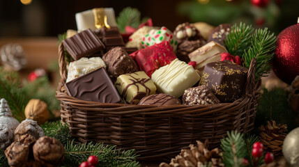 Fototapeta premium Holiday gift basket with gourmet treats and festive decorations