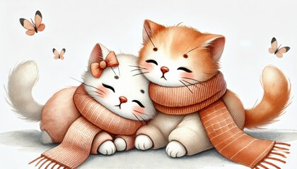 Fototapeta premium Cute cats hugging in cozy scarves charming home setting whimsical watercolor soft color palette playful vibe