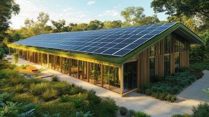 Obraz premium Modern building with a large roof covered in solar panels surrounded by bright green landscaping outdoors.