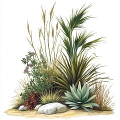 Fototapeta premium Lush desert plant arrangement featuring various succulents and grasses in a natural setting