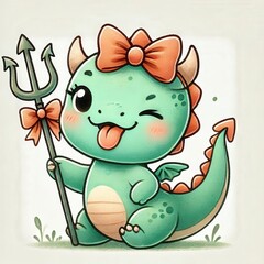 Obraz premium Playful watercolor illustration of a cute dragon character holding a trident fantasy theme whimsical environment joyful perspective