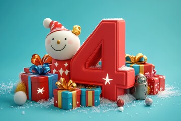 Red number 4 with snow and presents, snowman, festive Christmas, New Year.