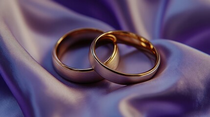 Two gold wedding rings nestled on a lavender silk sash, evoking romance and luxury