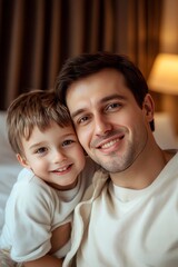 Joyful portrait of a father and son together in a hotel setting, capturing their bonding moment