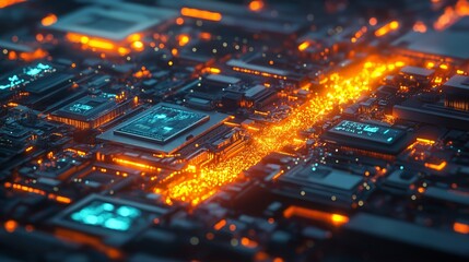 Obraz premium A high-tech recycling hub where discarded electronics are dismantled, with glowing streams of metals, plastics, and rare minerals being separated and reused in new products