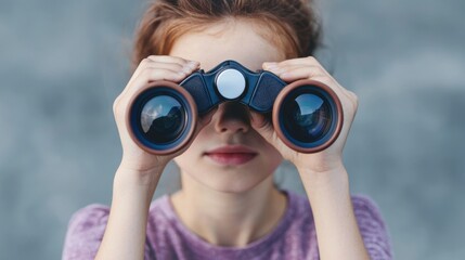 A focused child gazes through binoculars, exploring the world with curiosity and wonder.