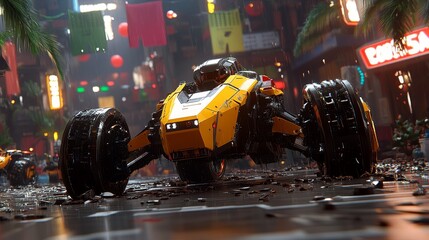 Fototapeta premium Futuristic Yellow Vehicle Driving Through a Wet, Neon-Lit City Street