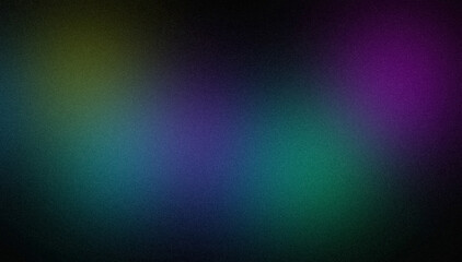 Abstract glowing color spot grainy backdrop design. Soft blue purple green black color noisy gradient on dark, vibrant colors flow, shine, bright, smooth, noise texture background