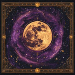 A large purple moon is surrounded by stars and planets