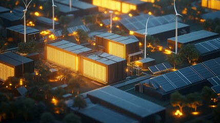 A large-scale renewable energy farm with solar panels and wind turbines connected to massive grid storage batteries. 