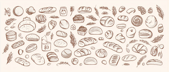Hand-drawn illustration of assorted breads and pastries