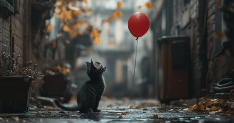 Curious kitten chasing a red balloon alleyway animal photography urban environment low angle whimsical concept