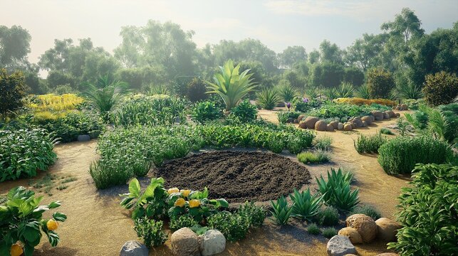 A lush permaculture garden where multiple crops grow together in harmony, surrounded by natural wildlife habitats. 