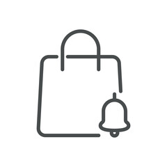 Shopping Bag Icon with Notification Bell, Alert or Reminder Symbol, Minimal Line Art for Retail and E-commerce Vector Illustration