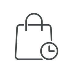 Shopping Bag Icon with Clock Symbol, Time or Delivery Schedule Indicator, Minimal Line Design for Retail and E-commerce Vector Illustration