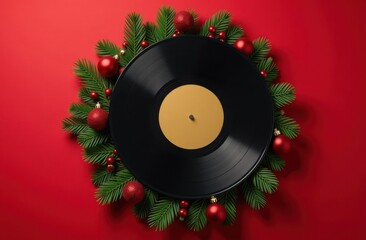 Black vinyl record surrounded by pine branches on a red background. Flat lay composition with copy space. Christmas holiday and music concept. Design for greeting card, poster, invitation, banner