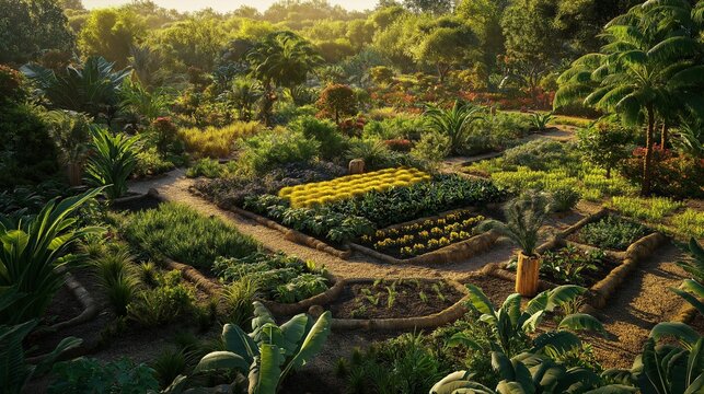A lush permaculture garden where multiple crops grow together in harmony, surrounded by natural wildlife habitats. 