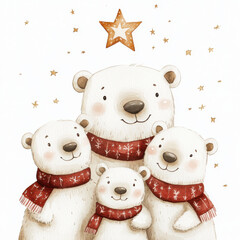 Cute polar bears wearing red scarves celebrate together under starry sky. This charming illustration captures joyful family moment, perfect for holiday themes