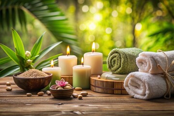 A table with candles, flowers, and towels