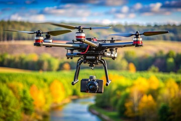 A drone is flying over a field of grass