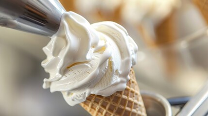 Creamy vanilla ice cream being dispensed into a cone from an ice cream machine, soft focus on the main subject, clean and simple composition with ample copy space.	