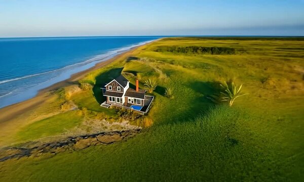 Classic Cape Cod house on a coastal dune, offering a sweeping view of a sandy beach and clear blue ocean