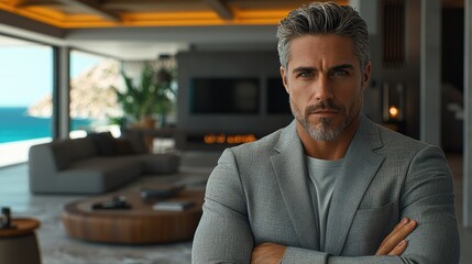 Fototapeta premium Confident and Stylish Businessman in Elegant Modern Interior Overlooking Scenic Coastal View with Natural Light in Contemporary Living Space