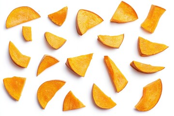 Slices of fresh, raw pumpkin arranged in a pattern on a white background.