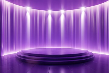Abstract luxury podium with glossy purple surfaces, soft white lighting, premium atmosphere