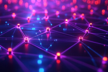 Abstract glowing network of connected points with pink and blue lighting.
