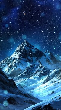 Starry Night Over Snow-Covered Mountain Range. Background. Seamless looping motion design. Video animation. A majestic mountain range under a starlit sky. The snow-covered peaks create a serene and