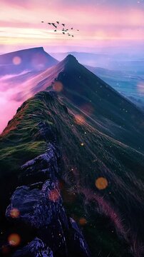 Breathtaking Mountain Ridge at Dawn with Misty Horizon. Background. Seamless looping motion design. Video animation. A stunning mountain ridge stretches into the distance at dawn, surrounded by a